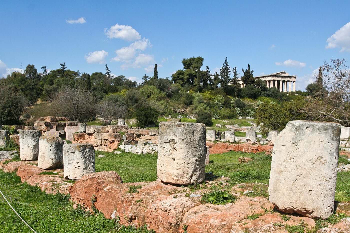 Cut stone column drums and foundation blocks standing in spring grass in the Ancient Agora, with a wooded slope behind and the columns of the Temple of Hephaestus on the ridge above