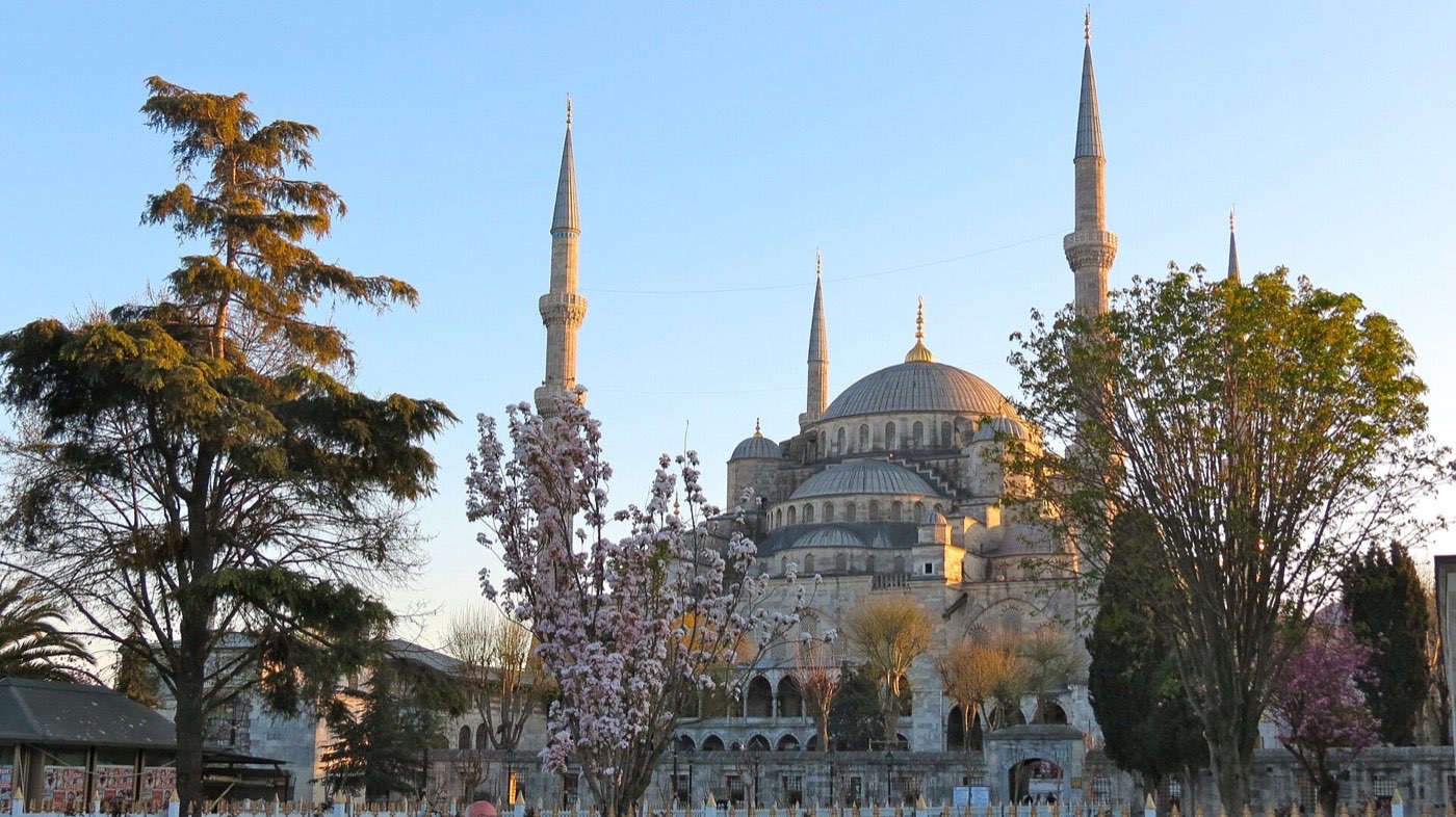 The domes and six minarets of the Blue Mosque above the trees of Sultanahmet Park in late afternoon light